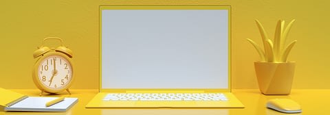 375 Minimal idea concept, Laptop background on Work desk yellow color and mock-up for your text with notebook, mouse,tree and clock. 3d render.