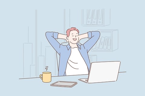 Freelance, passive income concept. Freelance, passive income concept. Happy young boy or man working on laptop while sitting at his working place in office. Satisfied with work done. Simple flat vector.
